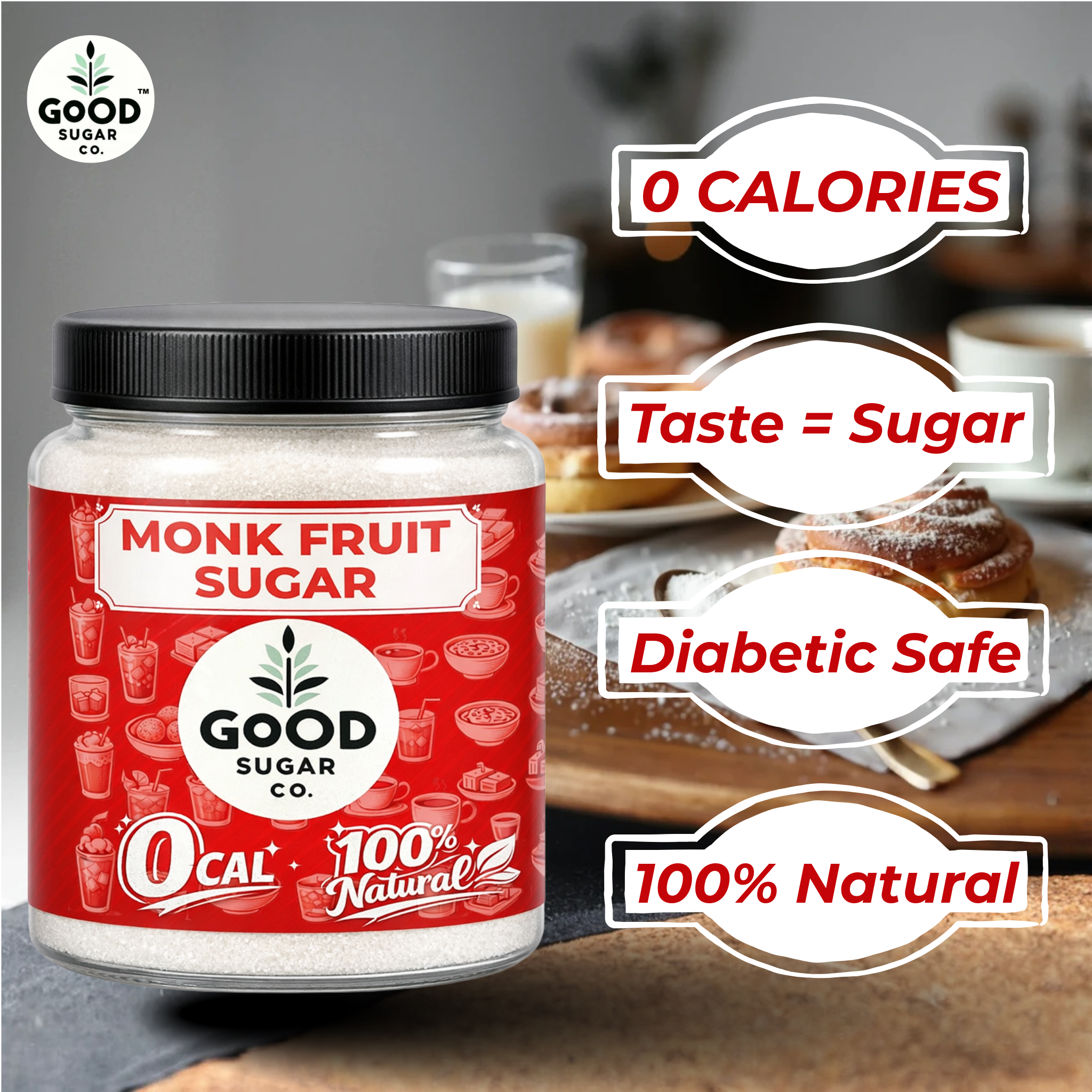 Monk Fruit Powder Sugar | 0 CAL, 100% Natural | Monk Fruit + Erythritol