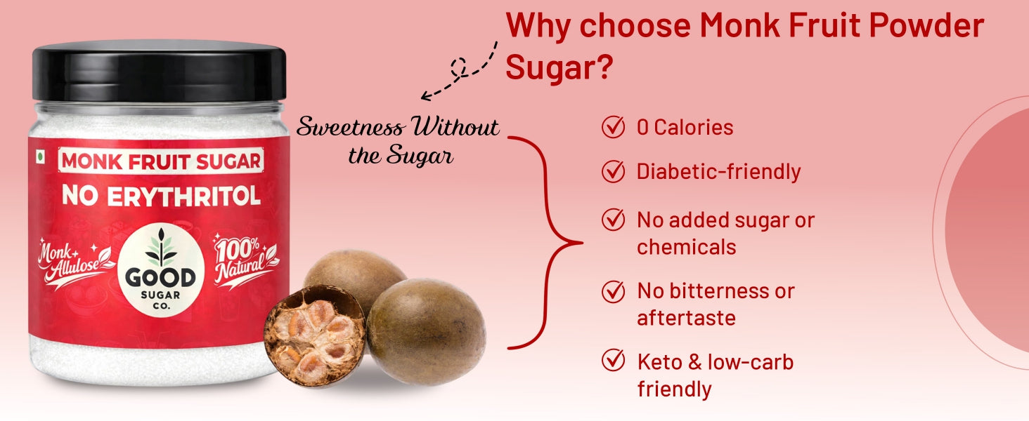 Monk Fruit Powder Sugar | 0 Erythritol, 100% Natural | Monk Fruit + Allulose