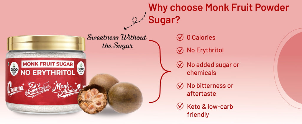 2x Monk Fruit Powder Sugar | 0 Erythritol, 100% Natural | Monk Fruit + Allulose | 2x Sweet | 100gm