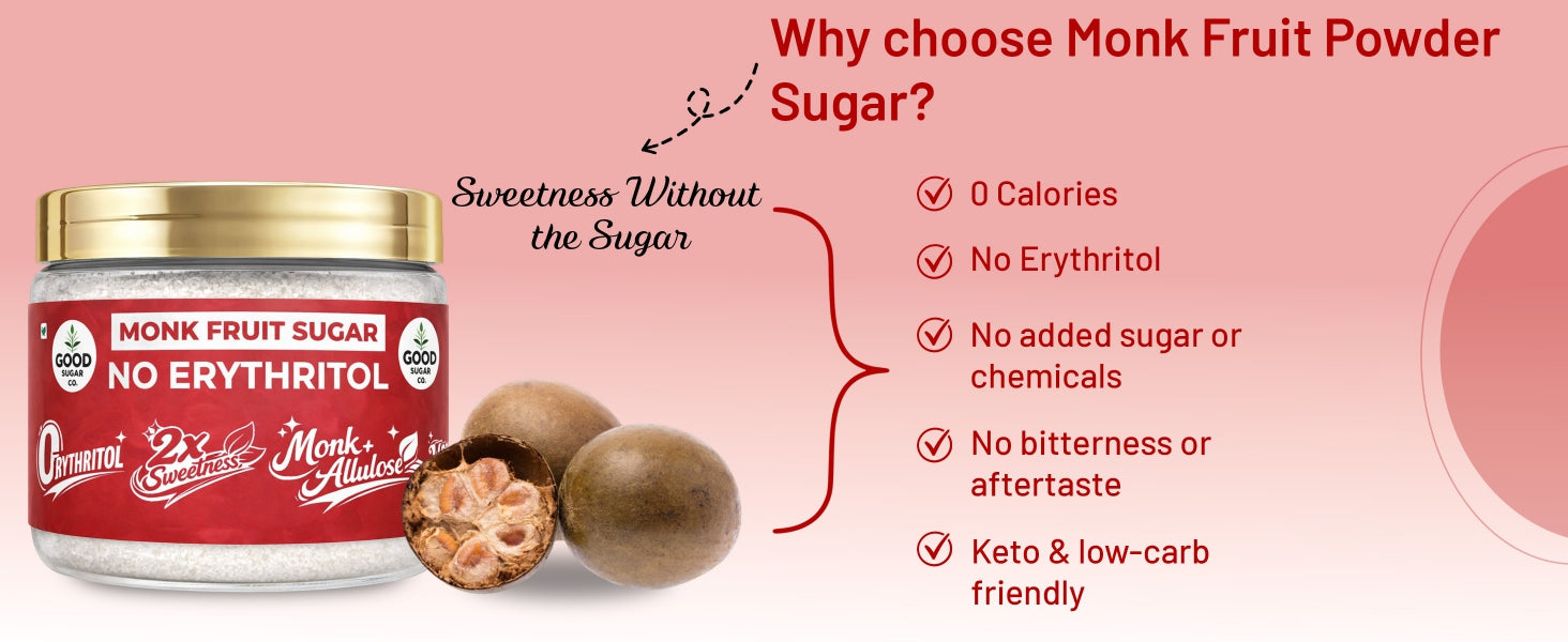 2x Monk Fruit Powder Sugar | 0 Erythritol, 100% Natural | Monk Fruit + Allulose | 2x Sweet | 100gm