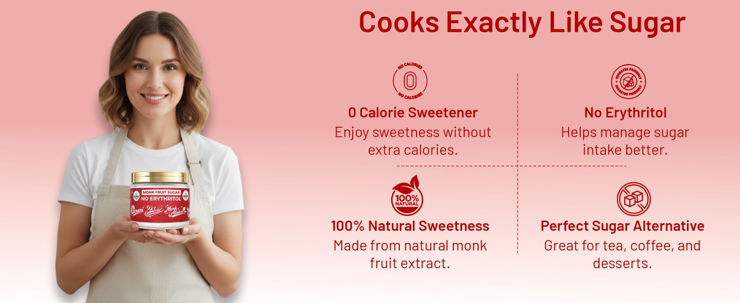 2x Monk Fruit Powder Sugar | 0 Erythritol, 100% Natural | Monk Fruit + Allulose | 2x Sweet | 100gm