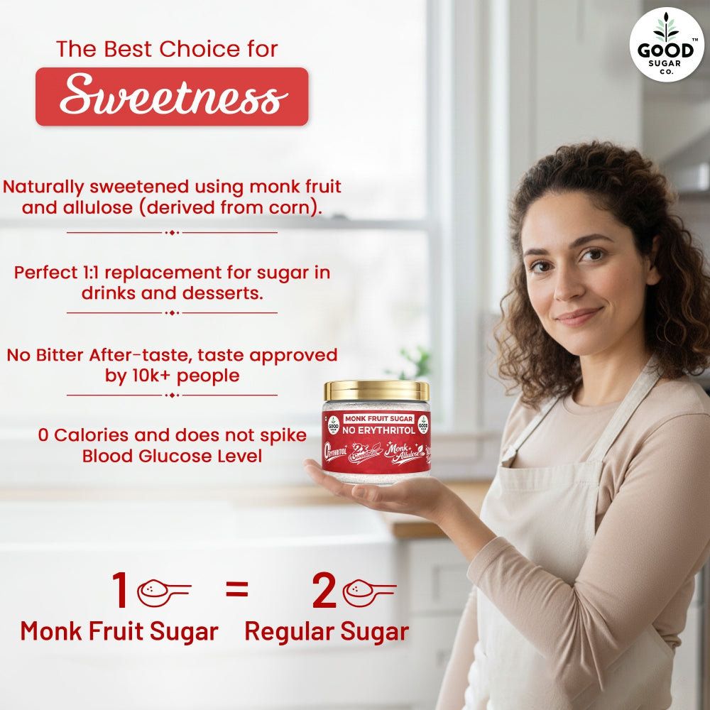 2x Monk Fruit Powder Sugar | 0 Erythritol, 100% Natural | Monk Fruit + Allulose | 2x Sweet | 100gm