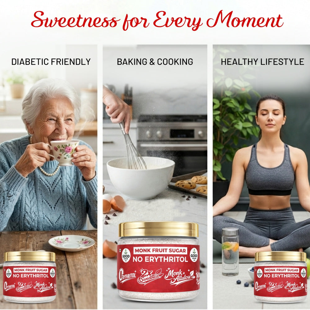 2x Monk Fruit Powder Sugar | 0 Erythritol, 100% Natural | Monk Fruit + Allulose | 2x Sweet | 100gm